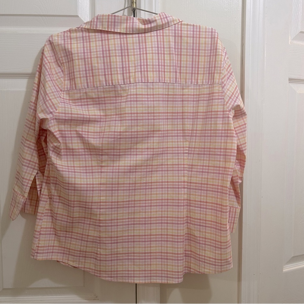 L.L. Bean Women's Pink & Yellow Plaid Shirt 3/4 Sleeves Stretch Size Large - Picture 2 of 4